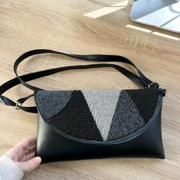 New Handmade Beaded Shoulder Bag Black Grey - Picture 1 of 10